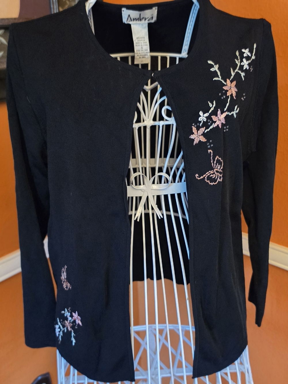 Ambra Women's Black Embroidered Open Cardigan